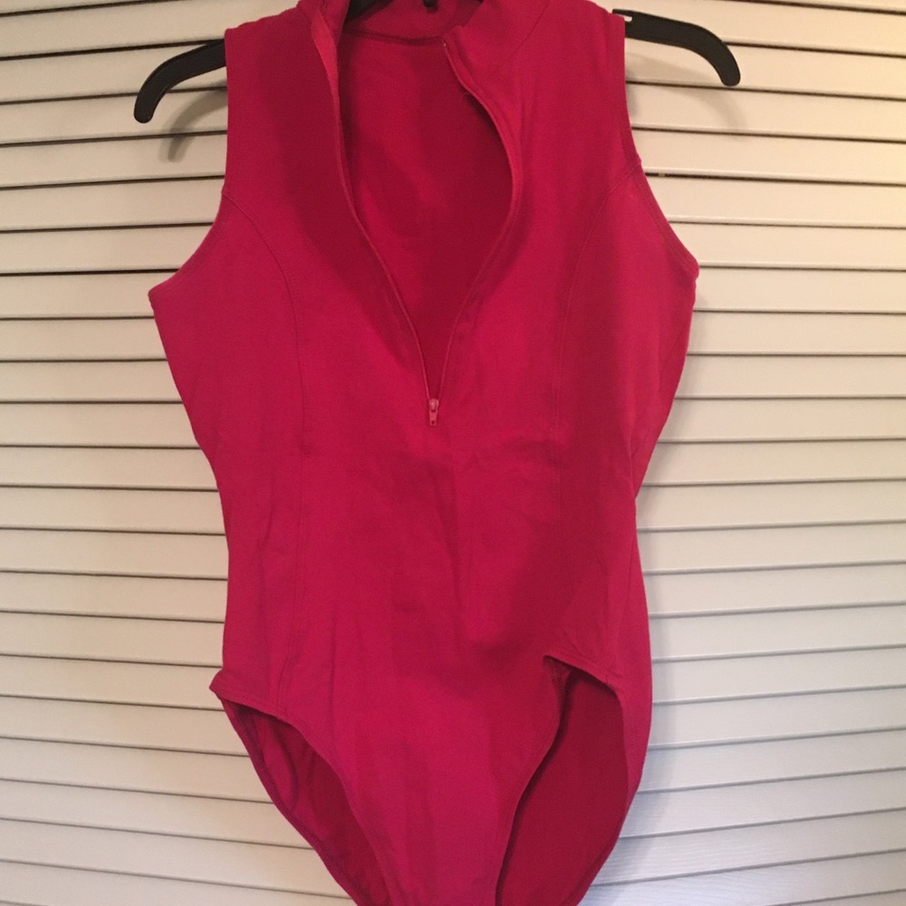 Hot pink mockneck zippered tank leotard/bodysuit